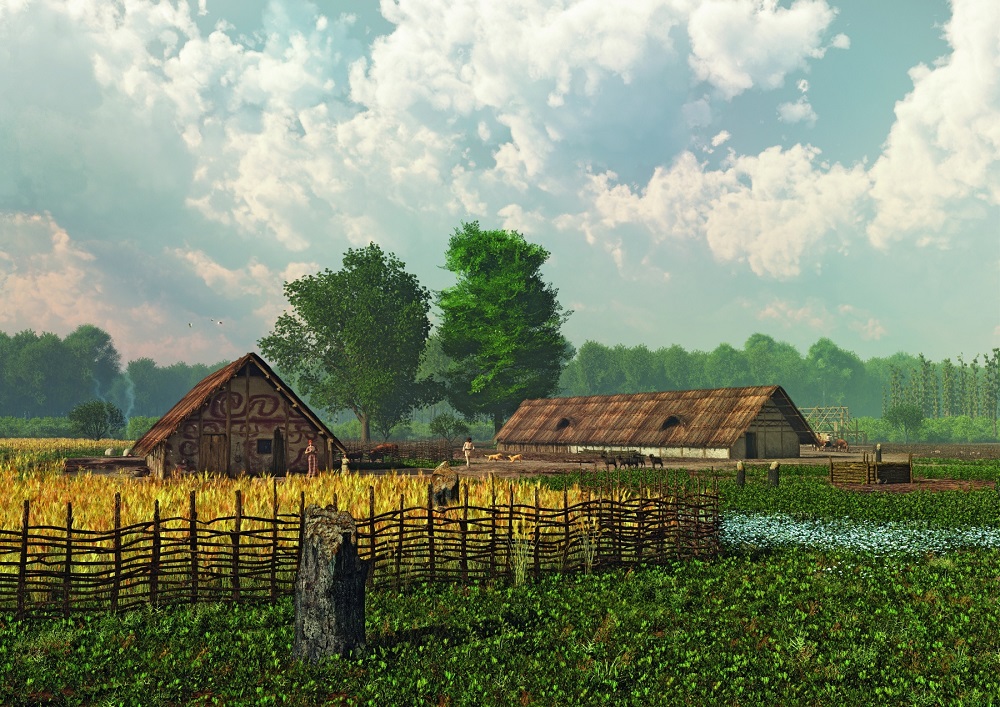 Virtuelle Rekonstruktion einer jungsteinzeitlichen Siedlung mit Langhäusern. Getreidefelder, Feldgarten und Viehkral umgeben die Bauten, rechts ist ein Brunnen, im Hintergrund sind Haustiere.