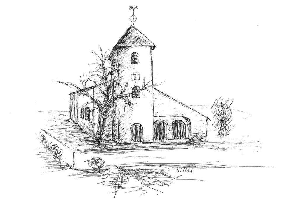 Bleistiftzeichnung der Kirche in Alt-Morschenich.