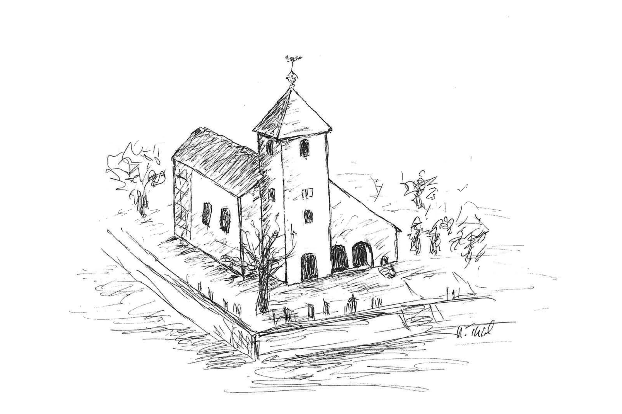 Bleistiftzeichnung der Kirche in Alt-Morschenich.