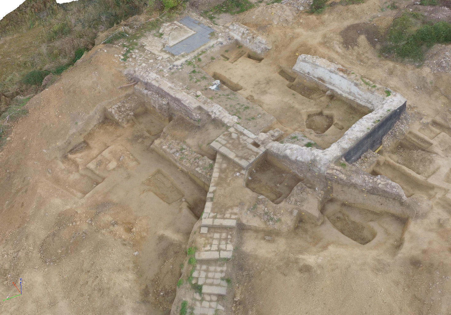 3D-Modell der Grundmauern der Kapelle mit freigelegten Bestattungen während der Ausgrabungen.